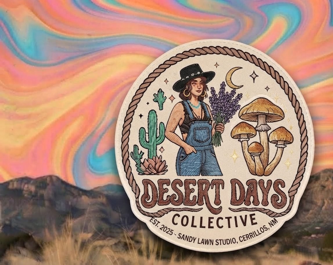 Desert Days Collective embroidered patch sticker with desert girl, cactus, and mushrooms