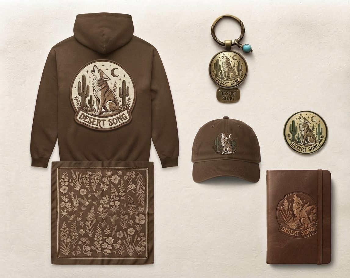 Brown Desert Song hoodie with embroidered coyote patch on back