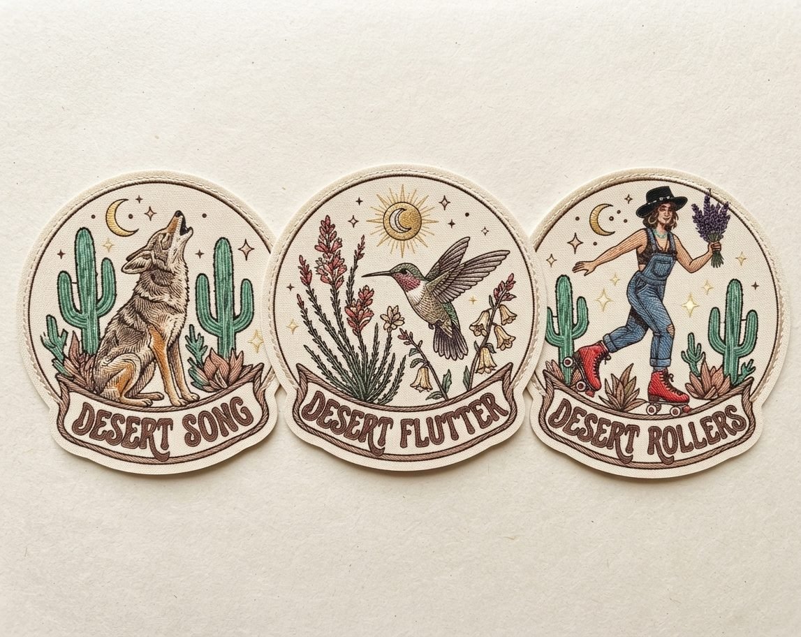 Three circular embroidered patches — Desert Song, Desert Flutter, Desert Rollers — with desert motifs including cactus, a coyote, hummingbird, and roller skater